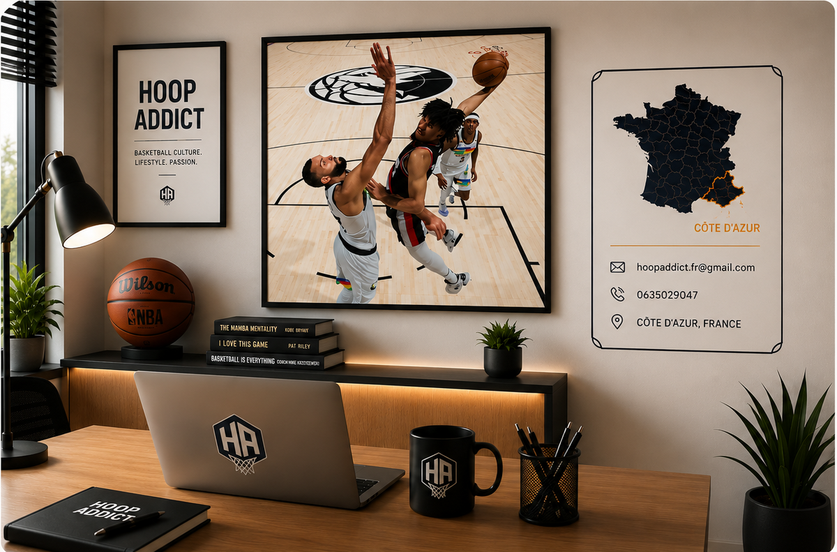 Bureau HoopAddict avec univers basket et informations de contact